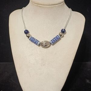 Elegant Silver and Blue Beaded Necklace